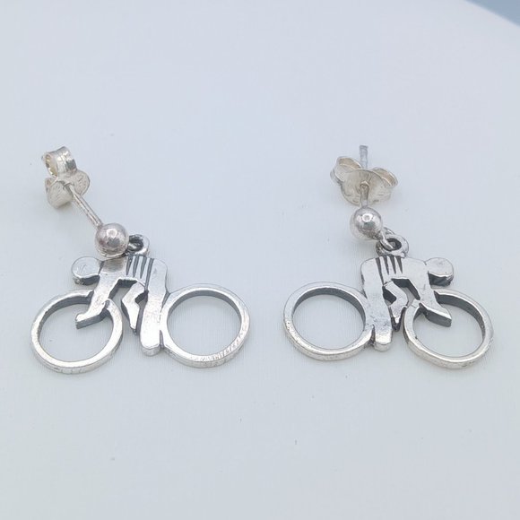 Vintage Sterling Silver Bicycle Bike Rider Dangle Post Earrings - SIGNED! - Picture 6 of 10